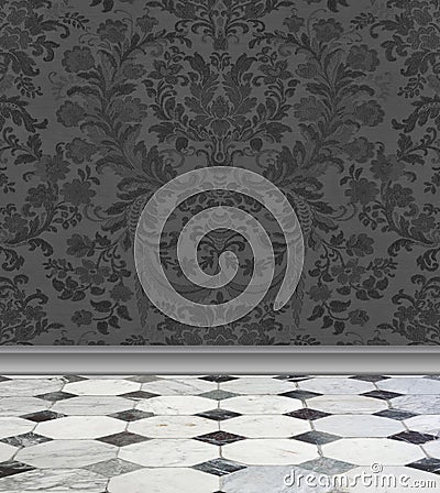 Gray Damask Wall and Marble Floor