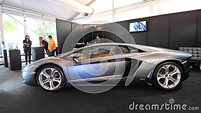 Gray Lamborghini Aventador on display during Singapore Yacht Show at One Degree 15 Marina Club