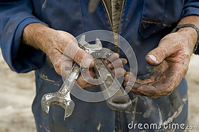 Greasy hands with tools