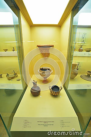 Greek vases in museum of Acropolis in Athens, Greece