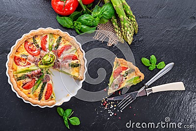Green asparagi Tart with eggs and tomato
