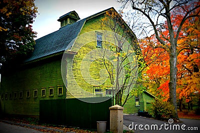 Green Barn with Fall Colors Front