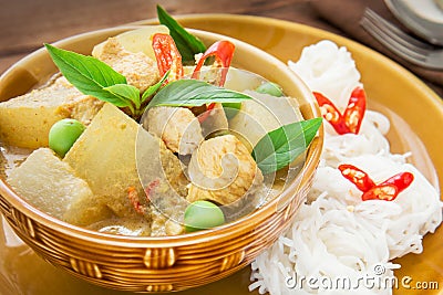 Green curry chicken with wax gourd and noodles, Thai food