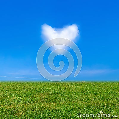 Green grass under blue sky and a heart shape cloud