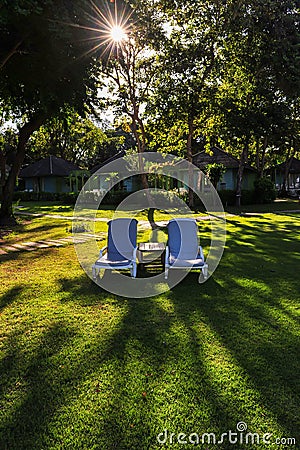 Green park and two chair with long shadows