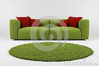 Green sofa with carpet closeup