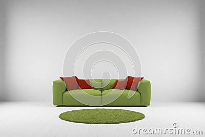 Green sofa with carpet