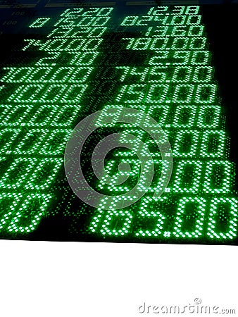 Green stock numbers (prices), led panel, exchange