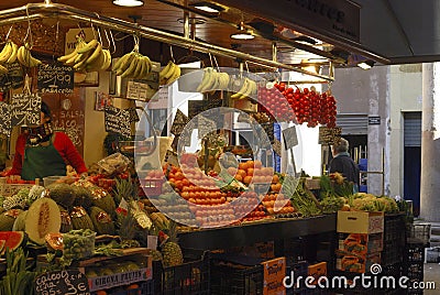 Greengrocer shop in market. Barcelona. Spain