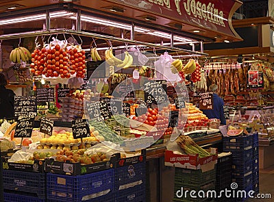 Greengrocer shop in market. Barcelona. Spain