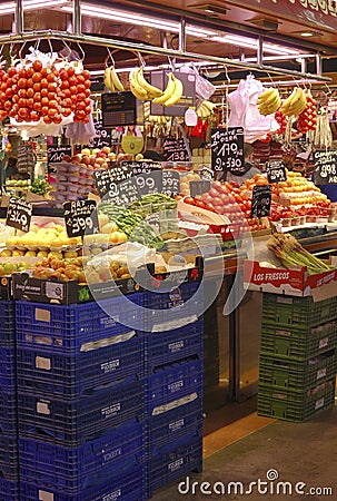 Greengrocer shop in market. Barcelona. Spain