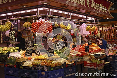 Greengrocer shop in market. Barcelona. Spain