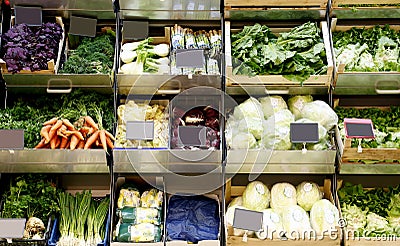 Groceries shelves at supermarket