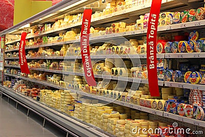 Grocery store cheese shelves
