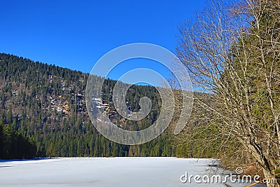 Grosser Arber See, Winter landscape around Bayerisch Eisenstein, ski resort, Bohemian Forest (Šumava), Germany
