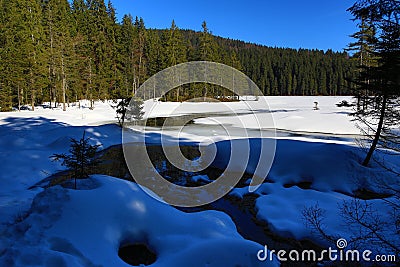 Grosser Arber See, Winter landscape around Bayerisch Eisenstein, ski resort, Bohemian Forest (Šumava), Germany
