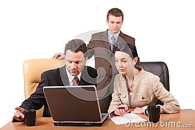 Group of business people working together with laptop in the office - horizontal, isolated