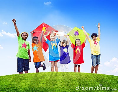 Group of Children Playing Kites Outdoors