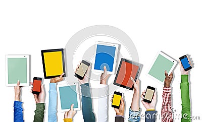 Group of Diverse Hands Holding Digital Devices