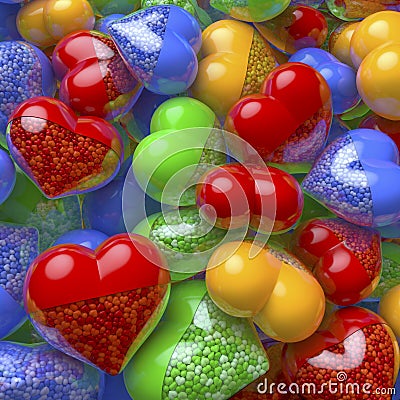 Group, pool of colorful, red, blue, green, yellow heart shaped pills, capsules filled with small tiny hearts as medicine