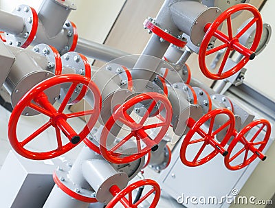 Group of red industrial valves