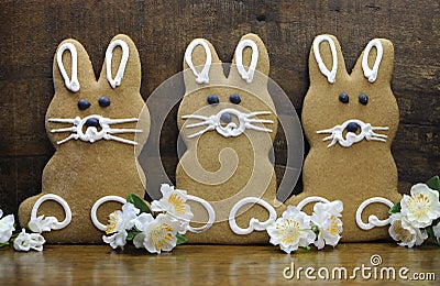 Group of three Happy Easter bunny rabbit gingerbread cookies