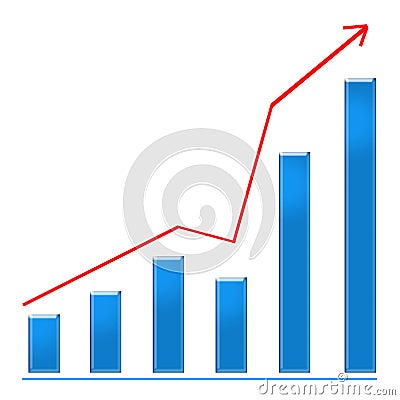 Growing blue bar chart and rising arrow