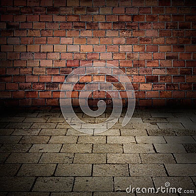 Grunge brick wall with sidewalk floor interior