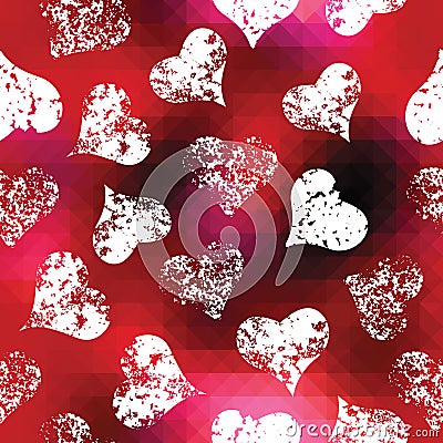 Grunge hearts on red pixels background