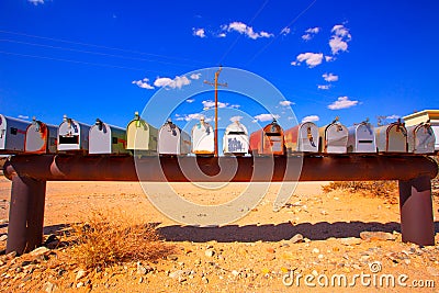 Grunge mail boxes in California Mohave desert USA