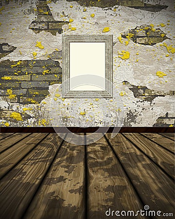 Grunge wall and parquet floor with empty frame.