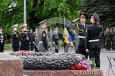 Guard of honour standing near Eternal Flame during celebrating Victory Day,Odessa,Ukraine