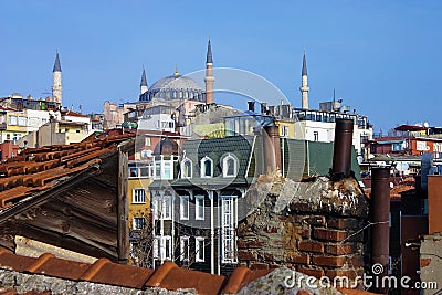 Hagia Sophia over the houses and roofs of Istanbul