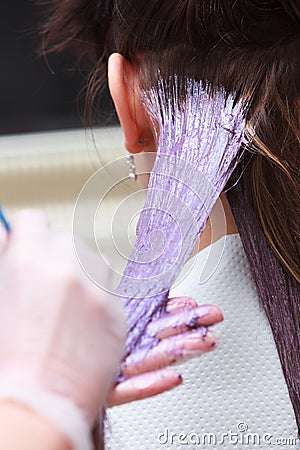 Hairdresser applying color female customer at salon, doing hair dye