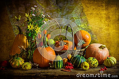 Halloween autumn fall pumpkin setting table still life vintage