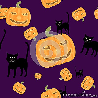 Halloween background black cat and pumpkins