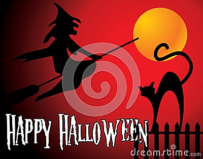 Halloween background with full orange moon, witch