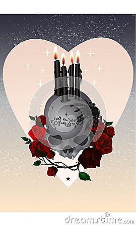 Halloween skull with candles, spider and roses