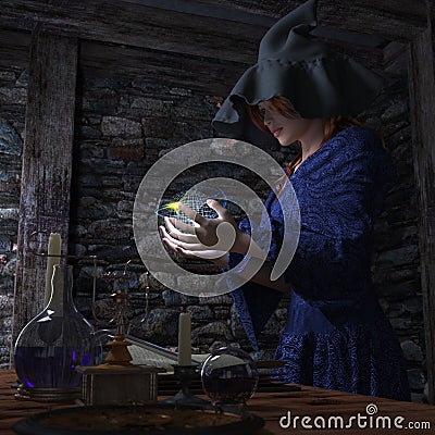 Halloween witch in laboratory concept background