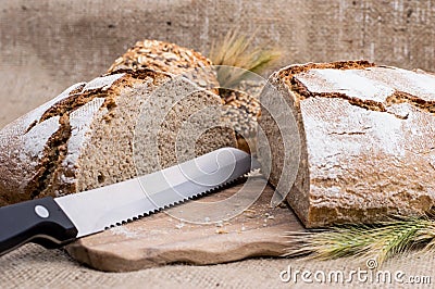 Halved loaf of bread
