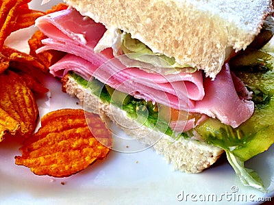 Ham sandwich with sweet potato chips