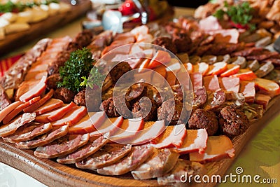 Ham, sausage and mealball on banquet dish