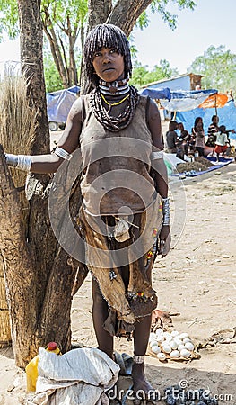 Hamar woman seller at village market. Turmi. Lower Omo Valley. Ethiopia.