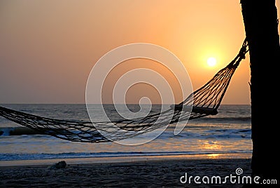 Hammock under a palm tree at sunset. Cap Skirring, Senegal