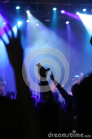 Hand with beer glass in the air in a concert