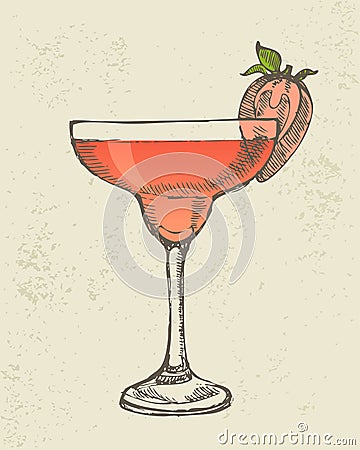 Hand drawn illustration of tropical red cocktail.