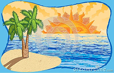 Hand drawn vector sun, ocean, and palm tree
