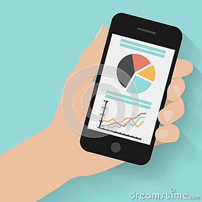 Hand holding smart phone with graphs on modern background