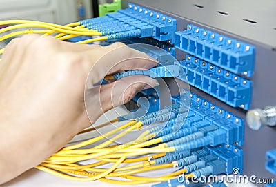 Hand with Network cables and hub