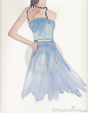 Hand painted watercolor of a woman in blue dress